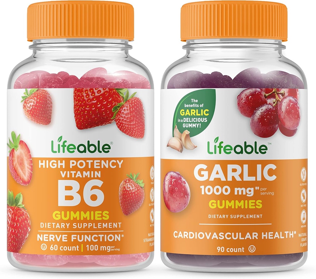 Livbar vitamin B6 + hvitløk 1000mg, Gummies Bundle - Great Tasting, Vitamin Supplement, Glutenfri, GMO Gratis, Chewable