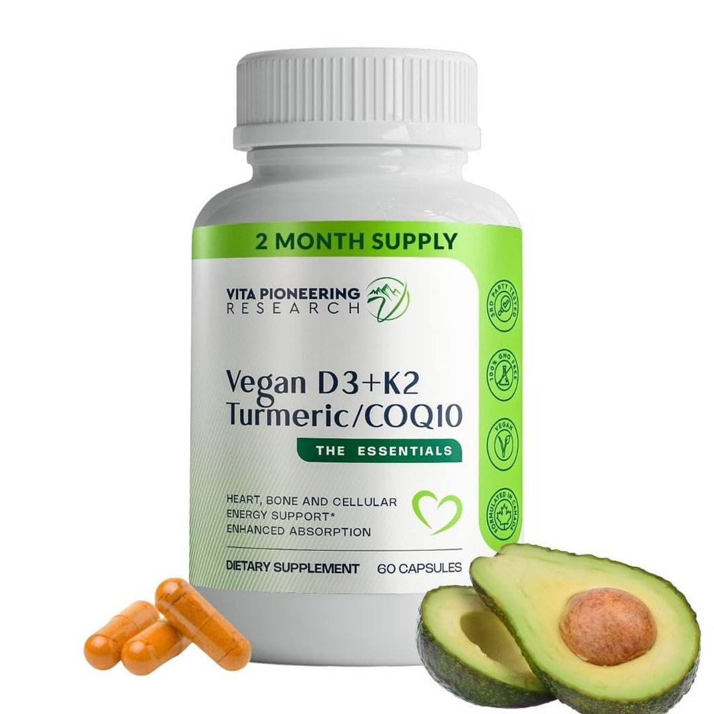 5-i-1 vitamin D3 2000IU + K2Vital Vitamin K2 med gurkemeie og COQ10 - med Avocado pulver for forbedret absorpsjon - hjerte, bein, cellular helsestøtte