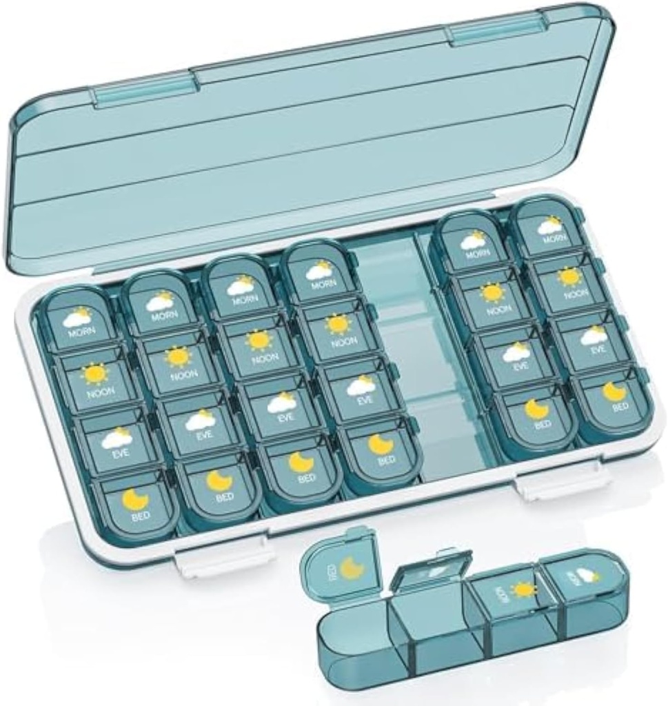 Pilleorganisator 4 ganger om dagen, pilleboks 4 ganger om dagen 7 dager - Acedada ukentlig medisin boks arrangør med separate tilfelle, bærbare daglige piller beholder dispenser for vitamin, fiskeoljer, kosttilskudd, blå