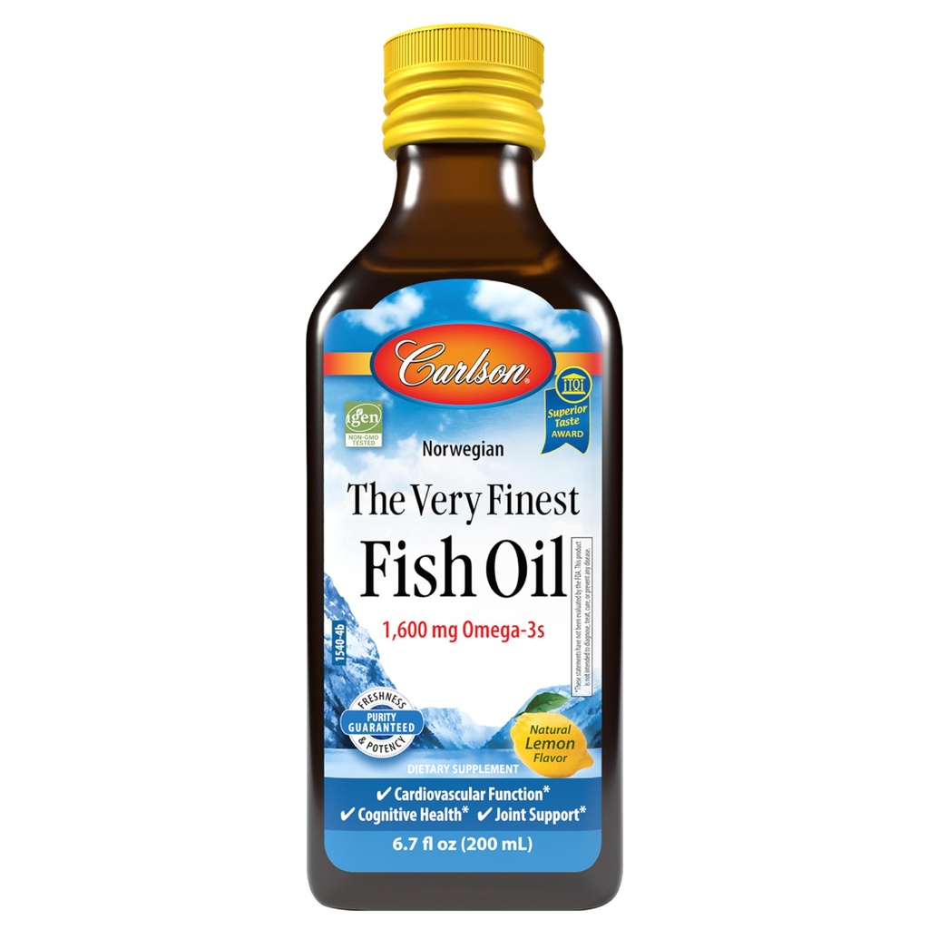 Carlson - Den aller fineste fiskoljen, 1600 mg omega-3s, flytende fiskeolje Supplement, norsk fiskeolje, Wild-Caught, Sustainablely Sourced Fish Oil Liquid, Lemon, 200ml, 6,7 fl Oz