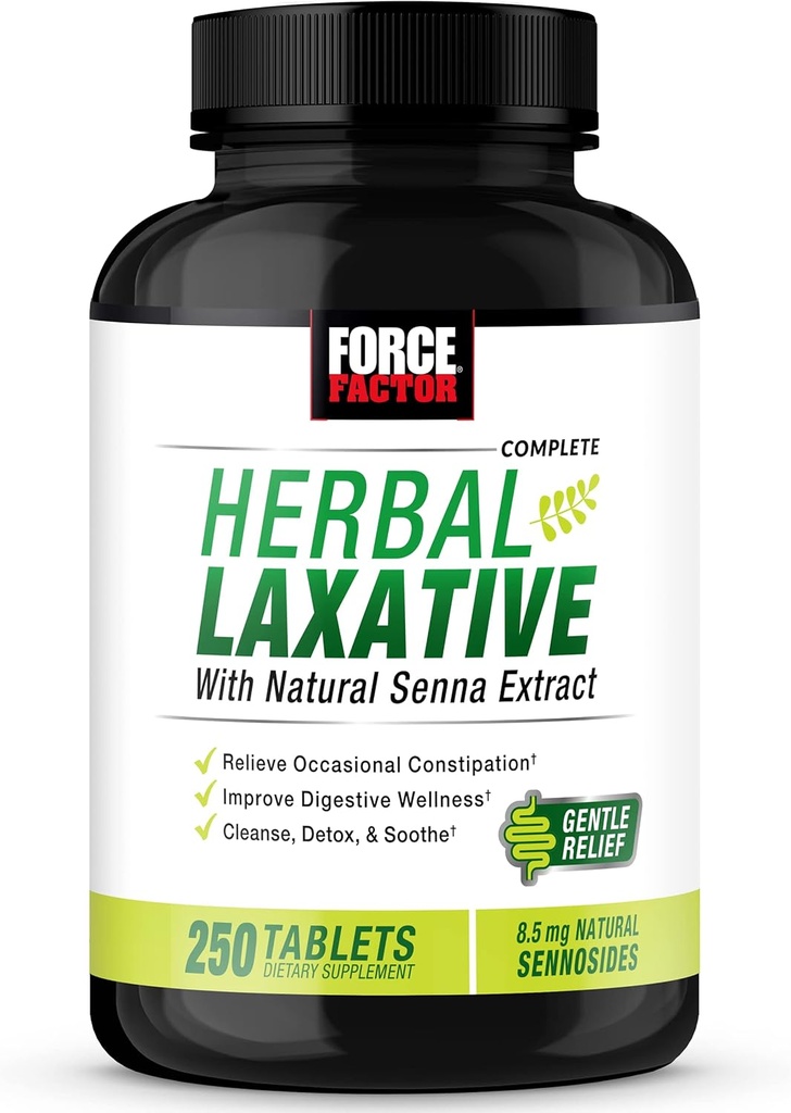 FORCE FACTOR Herbal Laxativ for galaktose lindring for voksne, Digestion Supplement laget med Senna å rense, Detox og Soothe, Laxatives for galaktose for kvinner og menn, 250 tabletter