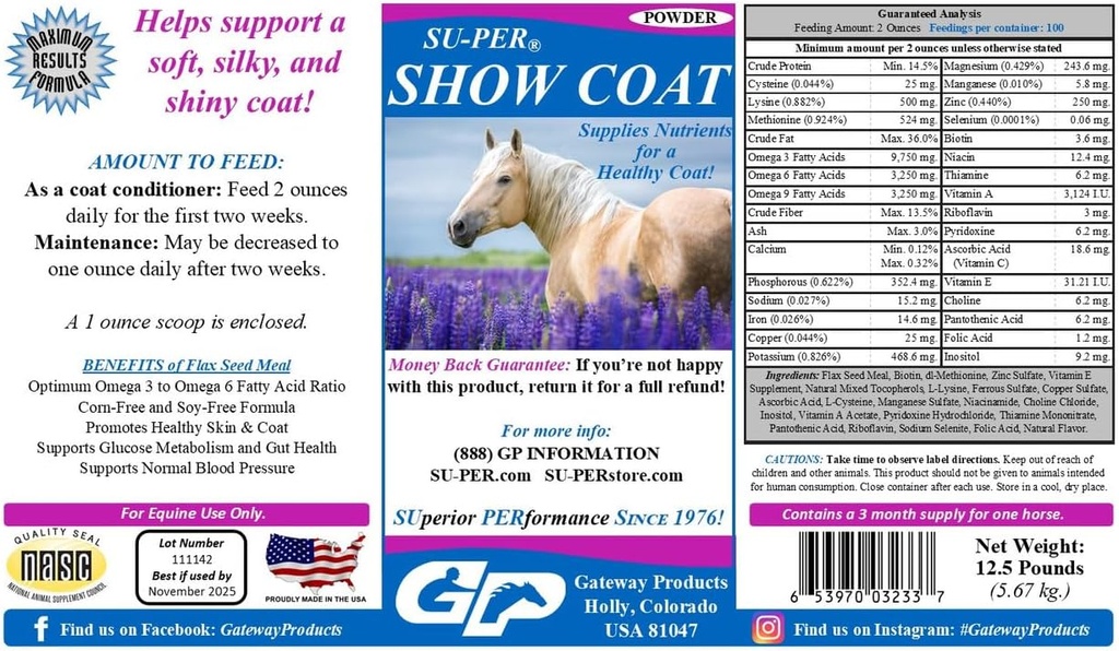 SU-PER Show Coat Supplement for hester - støtter myke, silke og skinnende Coat - raskere man og tail vekst - Aminosyrer, B-kompleks vitaminer og mineraler - 12,5 pund, 3 måneders forsyning