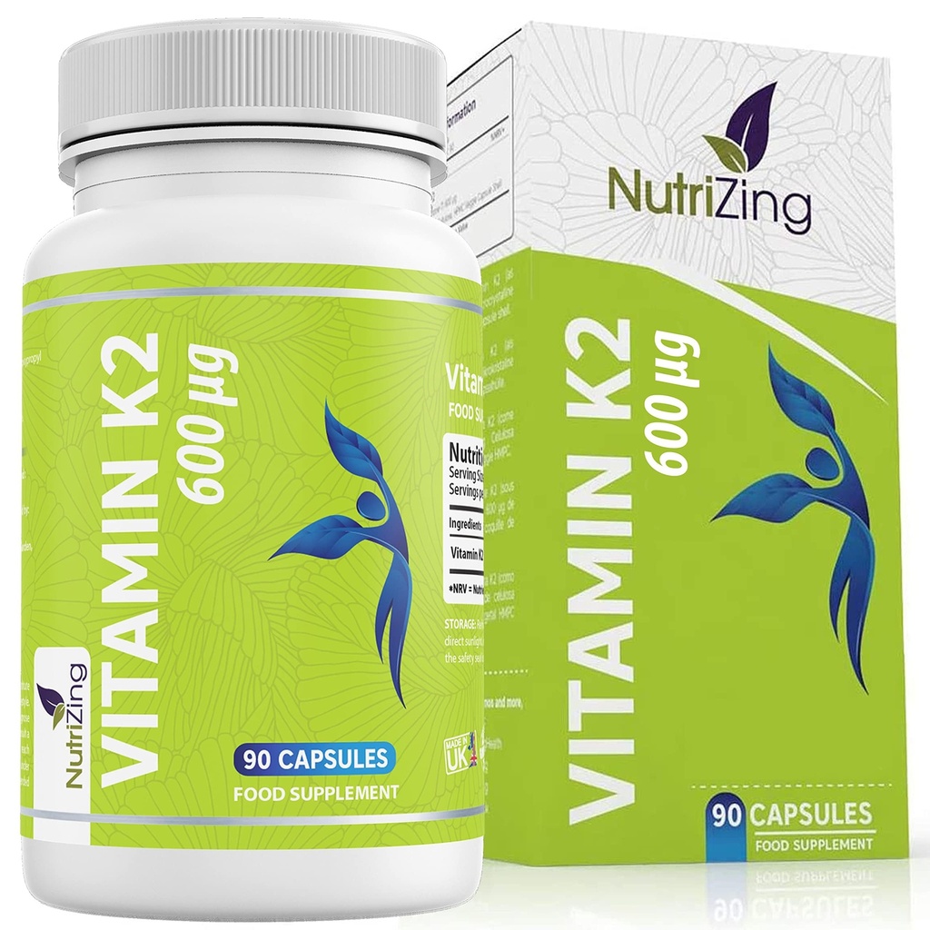 NutriZing K2 Vitamin Supplement MK-7 - høy styrke 600mcg - Støtter Bone & Arterial Helse - 90 Vegan Kapsler - vitamin K2 for menn og kvinner - 3 måneders forsyning