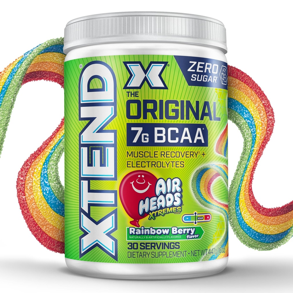 Xtend Original BCAA pulver Airheads Rainbow Berry Flavor, 7g BCAA og 2,5g L-Glutamine, sukker gratis post trening muskel gjenoppretting drikke med Aminosyrer for menn og kvinner, 30 serveringer