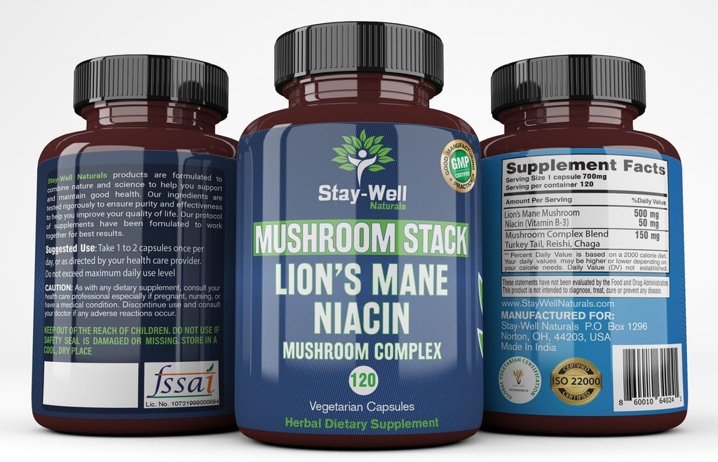 Lion Mane Mushroom Supplement Kapsler med Niacin | Mushroom Complex Kapsler, med Tyrkia Tail Mushrooms, Chaga Mushroom og Reishi Mushroom Extract, Mushroom Supplement Kapsler