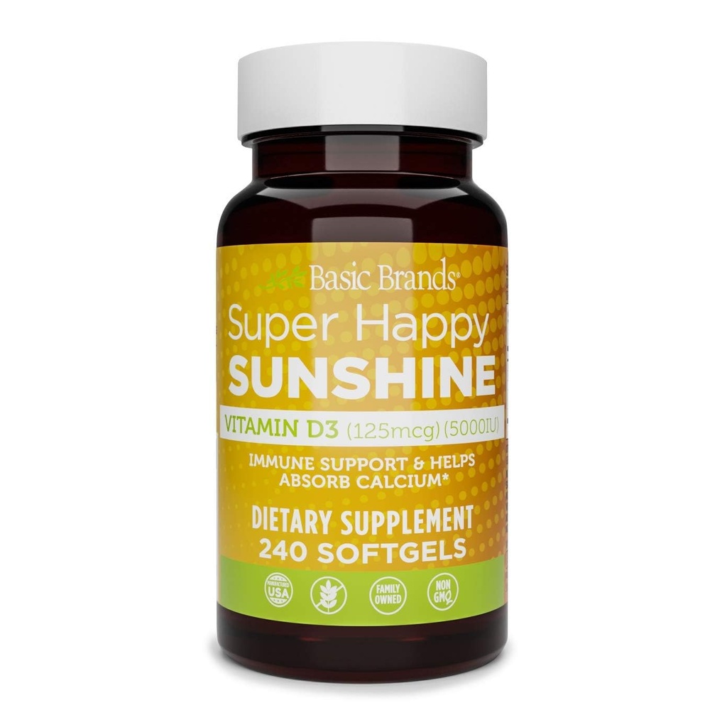 Grunnleggende merker Super Happy Sunshine Vitamin D3 5000IU, 240-tall (pakke med 1)