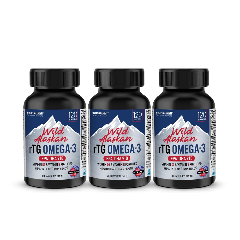 NANOWELL Wild Alaskan rTG Omega-3 Fish Oil 1196mg - EPA, DHA, vitamin D3 & E - 120 Softgels x 3 flasker (360 greve)