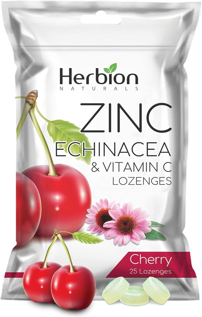 HERBION Naturals Sink, Echinacea & vitamin C Lozenges 25 CT, Dietary Supplement for voksne og barn 5+, fremmer velvære for hele familien, 25 greve, Cherry, Pakke med 1