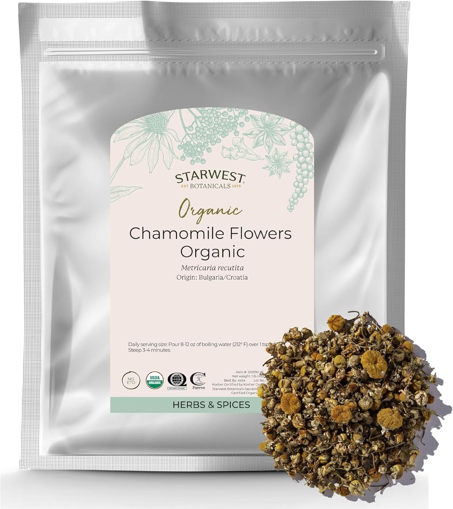 Starwest Botanicals Organic Chamille Blomster Hele - Tørket Loose Leaf Urt for Te, Herbal Lotions, & Baking, Kilder fra Kroatia & Bulgaria, sertifisert Kosher, Ikke-GMO - bulk 1 lb Bag