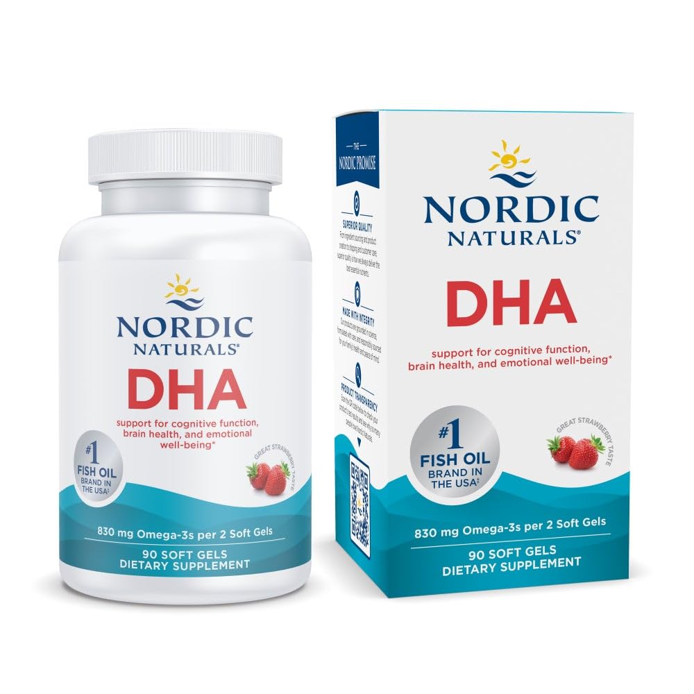 Nordic Naturals DHA, Strawberry - 90 Soft Gels - 830 mg Omega-3 - Høy Intensitet DHA Formula for Hjerne- og nervesystemstøtte - Ikke-GMO - 45 Serveringer