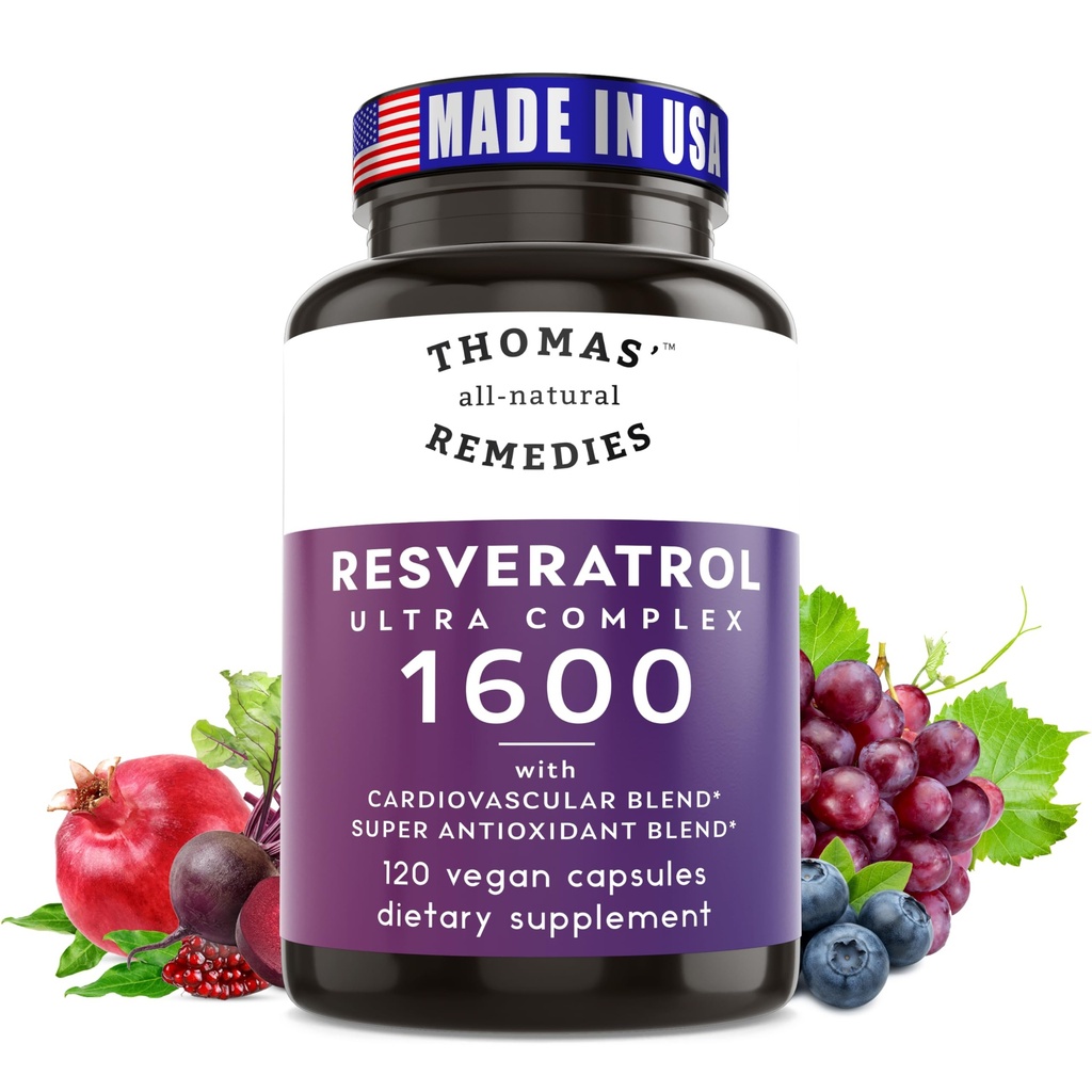 Thomas ' alle naturlige Remedies Resveratrol 1600 mg organisk trans-Resveratrol Antioksidant Supplement med organisk kornfrø ekstrakt og Quercetin- Anti-Aging og kardiovaskulær støtte- 120 kapsler
