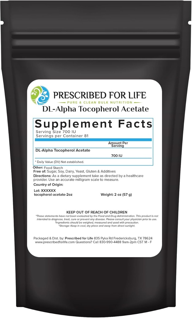 Prescription For Liv Tokopherol Acetate pulver, Vannløselig Alpha Vitamin E, 700 IU gm pulver, Vegan, Glutenfri, Ikke GMO (2oz / 56g)