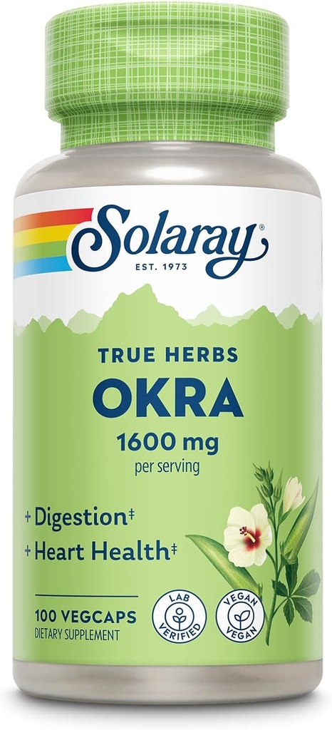 SOLARAY Okra Frukt 1600 mg - høy fiber Supplement for velvære - rik kilde til løselig fiber - tilsvarende 6,4 g Fresh Okra per servering, Vegan, 60-dagers garanti - 25 Services, 100 Vegkaps