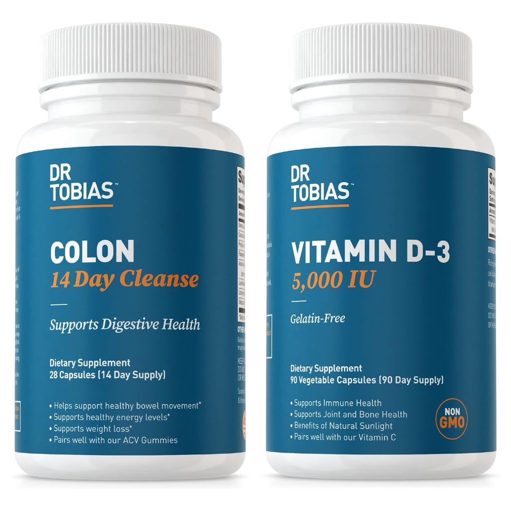 Dr. Tobias Colon 14-dagers rengjøring og vitamin D3 5000 IU støtter generelt helse, immunsystem og digestive system. Ikke-GMO Gut rengjøring og vitamin for menn og kvinner.