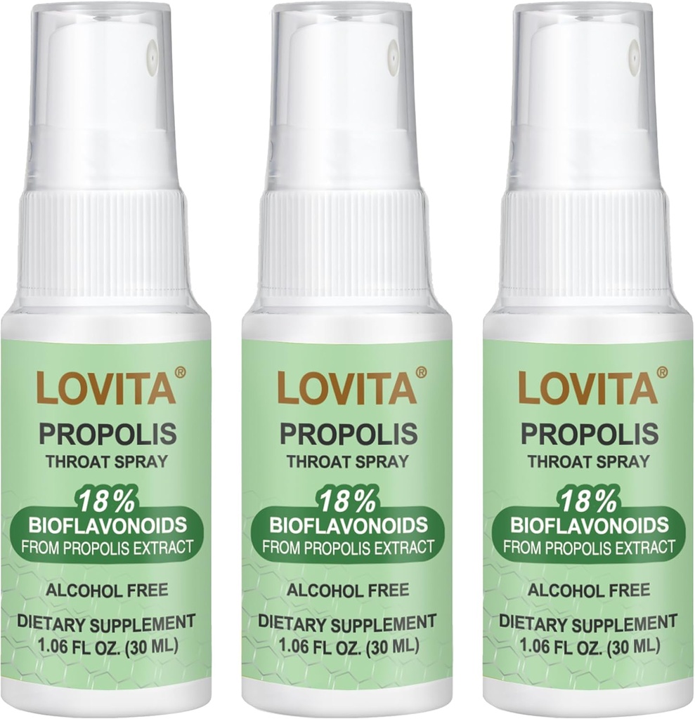 Lovita Propolis Throat Spray, Canadian Propolis Spray, High Potent 500 mg Propolis per ml med 9:1 høy konsentrat, Naturlig Sore Throat Spray for immunstøtte, alkoholfri, 1 Fl Oz (Pack of 3)