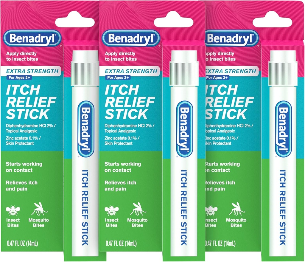 Benadryl ekstra styrke Anti-Itch Relief Stick, Bug Bite Itch Relief, Diphenhydramine HCl Topisk Analgesic & Sink Acetate hudbeskyttende middel, flott for camping Essentials, 0.47 fl oz (Pack of 3)