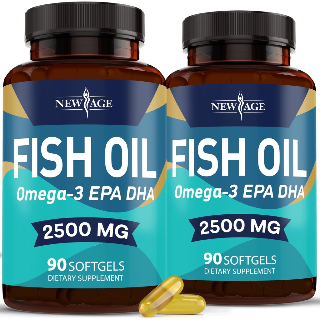 New Age Omega 3 Fiskeolje 2500mg Supplement Ikke GMO - EPA, DHA fettsyrer Glutenfri (180 Softgels (pakke med 2))