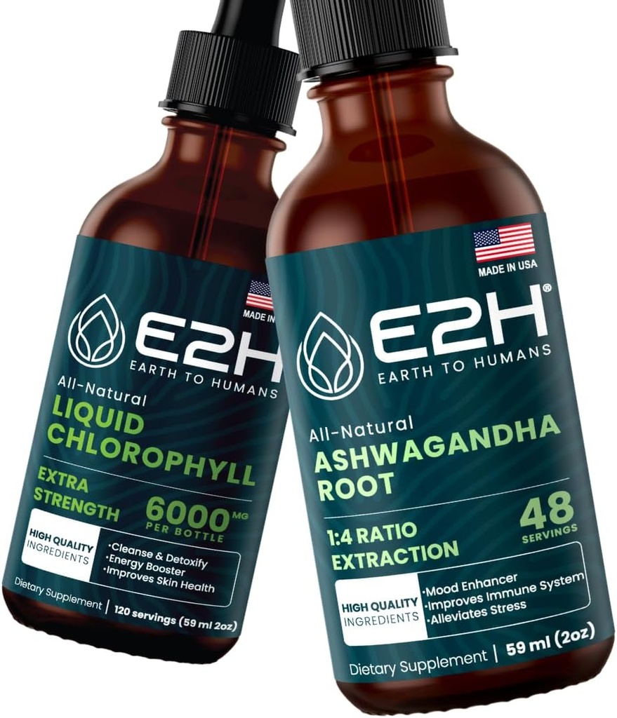 E2H: flytende klorofyll og Ashwagandha flytende dråper Vegan, ikke-GMO - 2 fl Oz hver (4 fl Oz totalt) - Bundle
