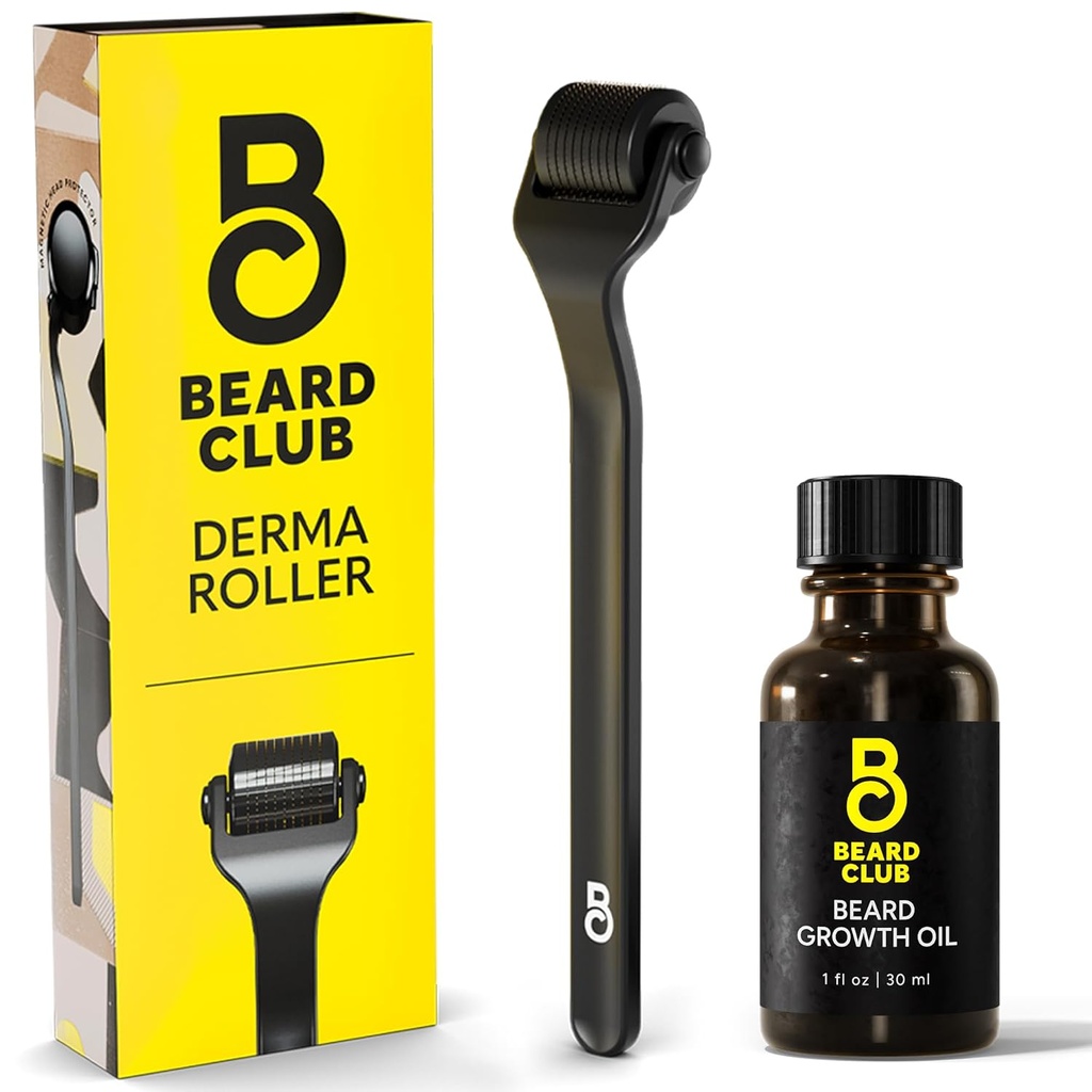 The Beard Club Derma Roller & Beard Growth Oil - Microneedling Roller med 540 Titanium Microneedles for ansikt, kropp og skjell - Beard Roller med Sandalwood & Cedar Beard Olje