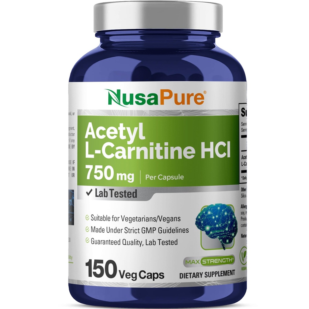 NusaPure Acetyl L-Carnitine 750mg per Caps 150 Veggie Capsules (Non-GMO, Vegan) høy styrke Acetyl L Carnitine HCL (ALCAR)