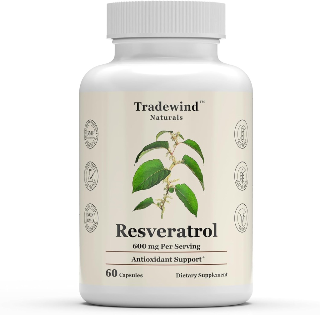 Resveratrol 600mg - Vegansk - Ikke-GMO - Støtte Sunn aldring og kardiovaskulær helse - rik på antioksidanter - 60 Grønnsaker Kapsler