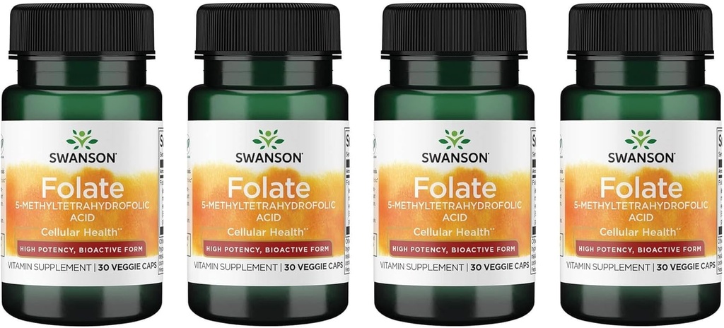 Swanson Folat 5-metyltetrahydrofoliksyre - høy potens, bioaktiv form 800mg Dfe 30 Veg Caps (4 Pakke)