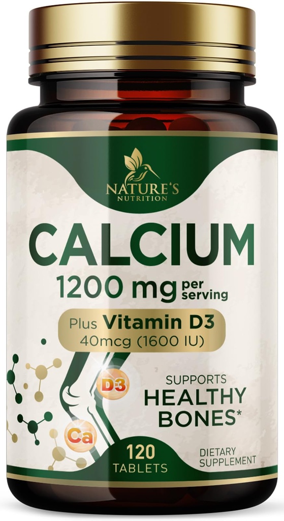 Kalsium 1200 mg med vitamin D3 - Bein Helse Supplement, vitamin D og kalsium Supplement for kvinner og menn - Bein styrke, tann og immun støtte, Naturens kalsium piller, flaske i USA - 120 tabletter