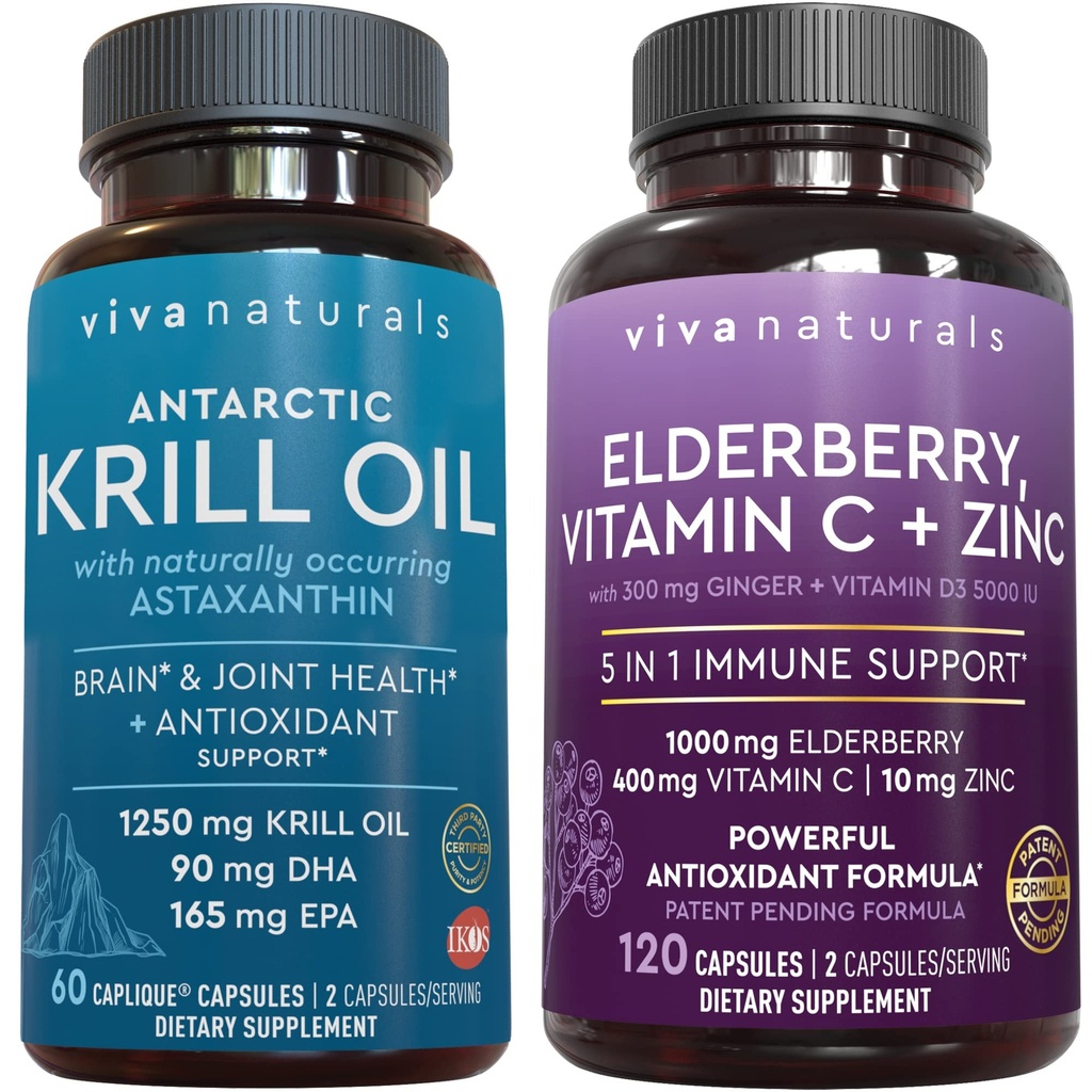 Viva Naturals Antarktis krillolje og eldrebær, vitamin C, sink og vitamin D3 5000 IU Bundle, 1250 mg Krill olje som gir omega 3 EPA og DHA for felles helse, eldrebær for immunstøtte