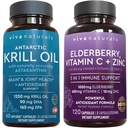Viva Naturals Antarktis krillolje og eldrebær, vitamin C, sink og vitamin D3 5000 IU Bundle, 1250 mg Krill olje som gir omega 3 EPA og DHA for felles helse, eldrebær for immunstøtte
