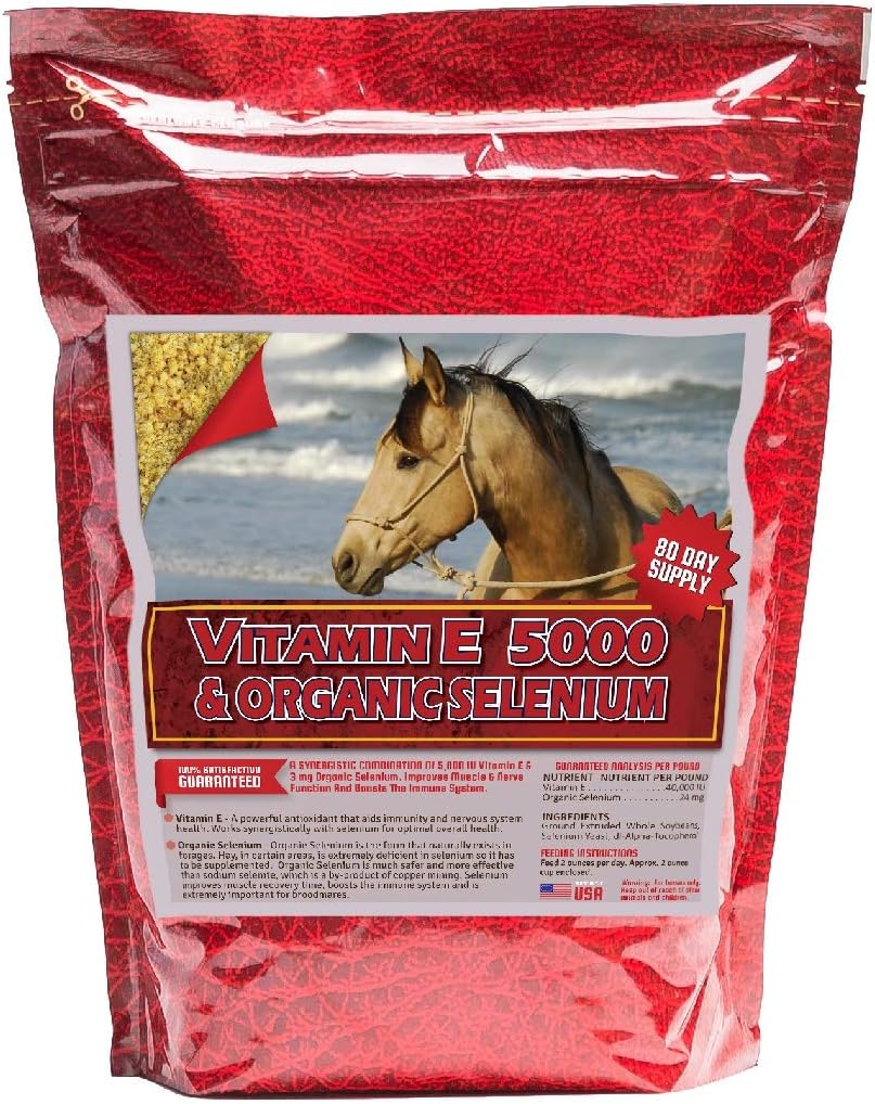 E-vitamin og organisk selen 10 lb, 5000 IU vitamin E og 3 mg organisk selen per dose