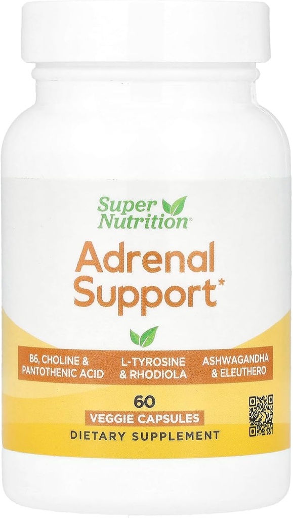 Super ernæring Adrenal støtte med L-tyrosin, Rhodiola ekstrakt, Ashwagandha ekstrakt, og Eleuthero ekstrakt, 60 Veggie kapsler