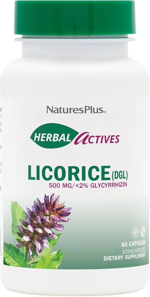 NaturesPlus Herbal Actives Licorice (DGL) 500 mg - 60 Kapsler, Pakke med 4 - Støtter Sunn Digestion & Total Velvære - Vegetarisk, Glutenfri - 240 Total Services