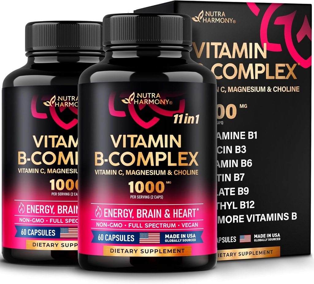 Vitamin B-kompleks for menn og kvinner - laget i USA - 11-i-1 B-kompleks: B1, B2, B3, B5, B6, B7, B8, B9, B12 med vitamin C, Choline, Inositol - Energi, hjerne og hjerte støtte Supplement - Pakke med 2
