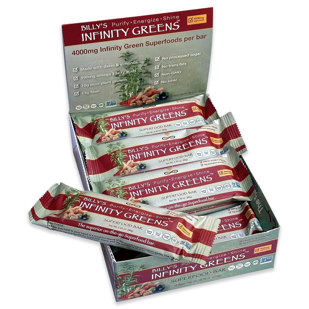 Infinity Greens Superfood Barer, Plantebasert måltid erstatningsbar med 4000mg Infinity Grønn Superfood pulver, Organisk, Rå, Glutenfri, Ikke GMO (12 Bars)