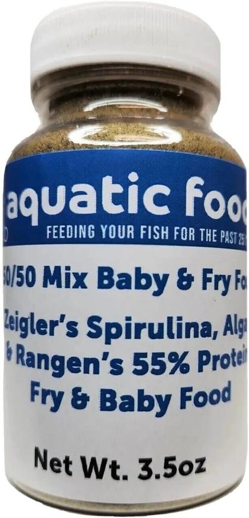 Aquatic Foods Inc. 50/50 Blanding av Spirulina/Algae pulver og Rangens myk moist 55% Protein Koi & Tropical Fish Fry Flowing Food...3.5oz Flaske