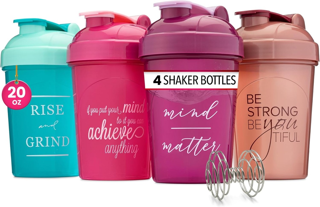 GOMOYO [4-Pack] 20 oz Protein Shaker flasker | Women's Shaker Cups for Protein Shakes | Lille Blender Shaker Flaske sett | Oppvaskmaskin trygt med 4x Wire Mixers | Pink, lilla, teal, rosa