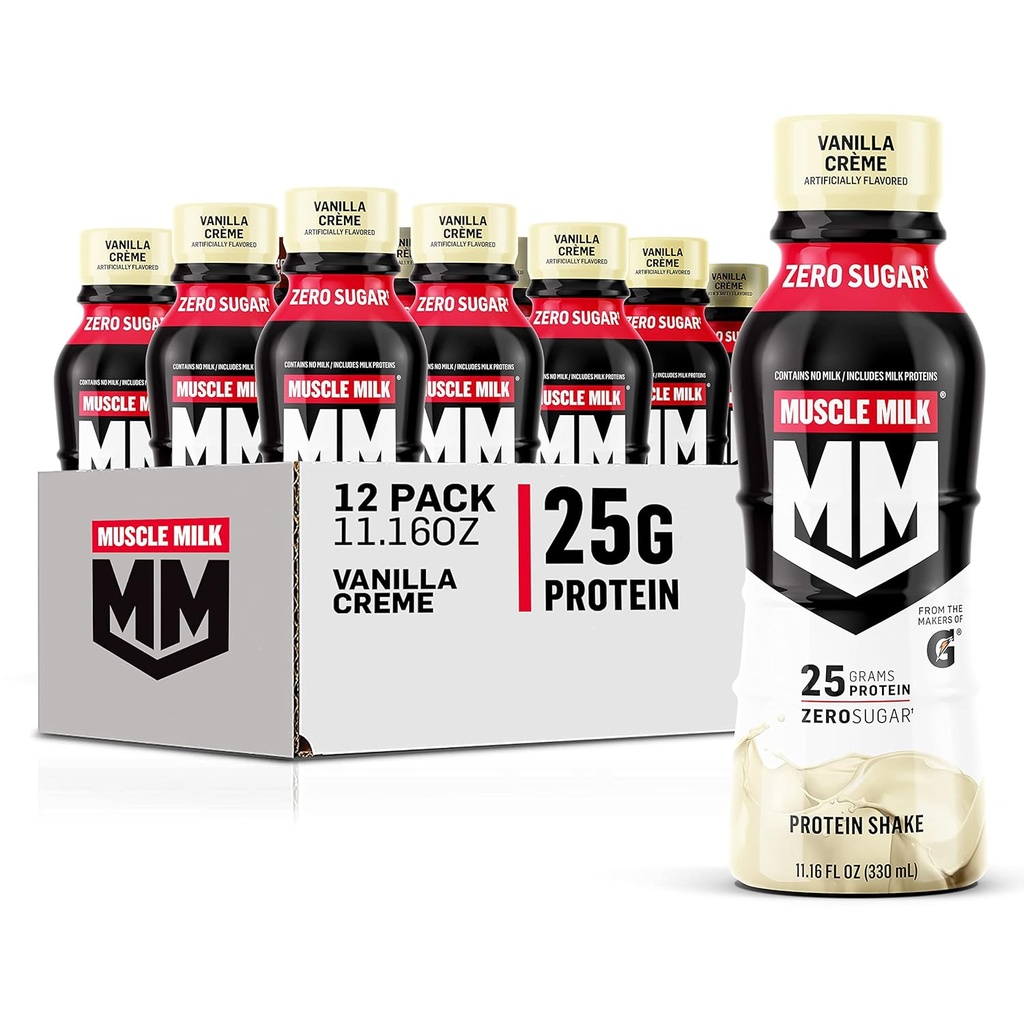 Muskelmelk Ekte proteinshake, Vanilla Creme, 11.16 Fl Oz Flaske, 12 Pack, 25g protein, null sukker, kalsium, vitaminer A, C & D, 5g fiber, Energiizing Snack, Treningsgjenvinning, Emballasje May Vary