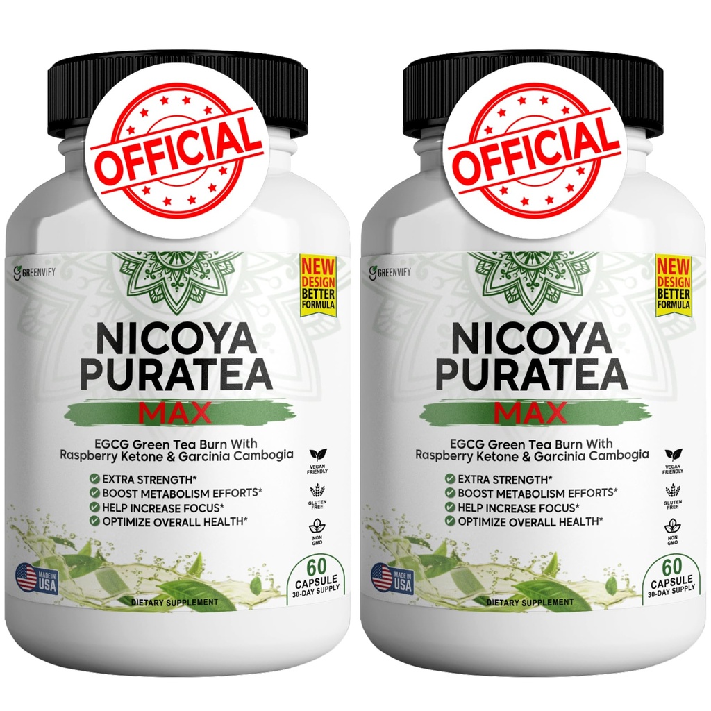 Nicoya PuraTea Max Grønn Te Ekstrakt & Grønn Kaffebønne for Metabolisme Støtte, Naturlig Energi Boost, Antioksidant-Rich Supplement – 120 kapsler