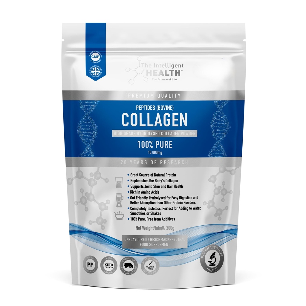 Intelligent Helse Hydrolysert Collage Peptides pulver, Grass Fed, høyprotein, Uflavored, Glutenfri, Paleo & Keto Vennlig, 10g per servering (200g) støtter huden, håret, negler, ledd, & bein