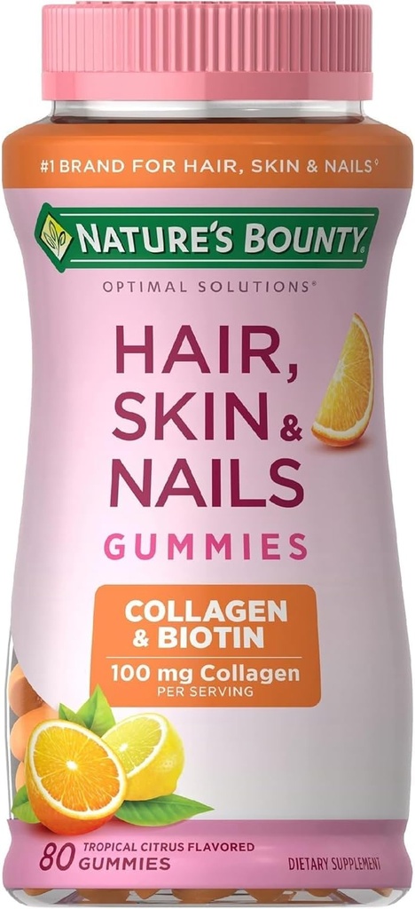 Naturens Bounty hår, hud og negler med biotin og kollagen, støtter hår hud og negle helse, 2500 mcg, citrus flavored gummies, 140 Ct
