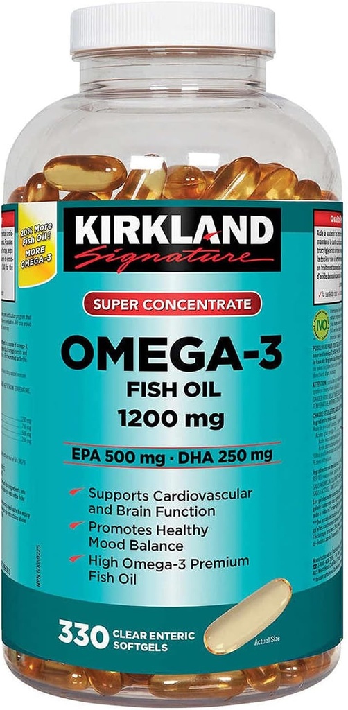 Kirkland Signatur Super Konsentrat Omega-3 Fish Oil 1200mg, EPA 500/DHA 250mg, 330 Klare enteriske softgels