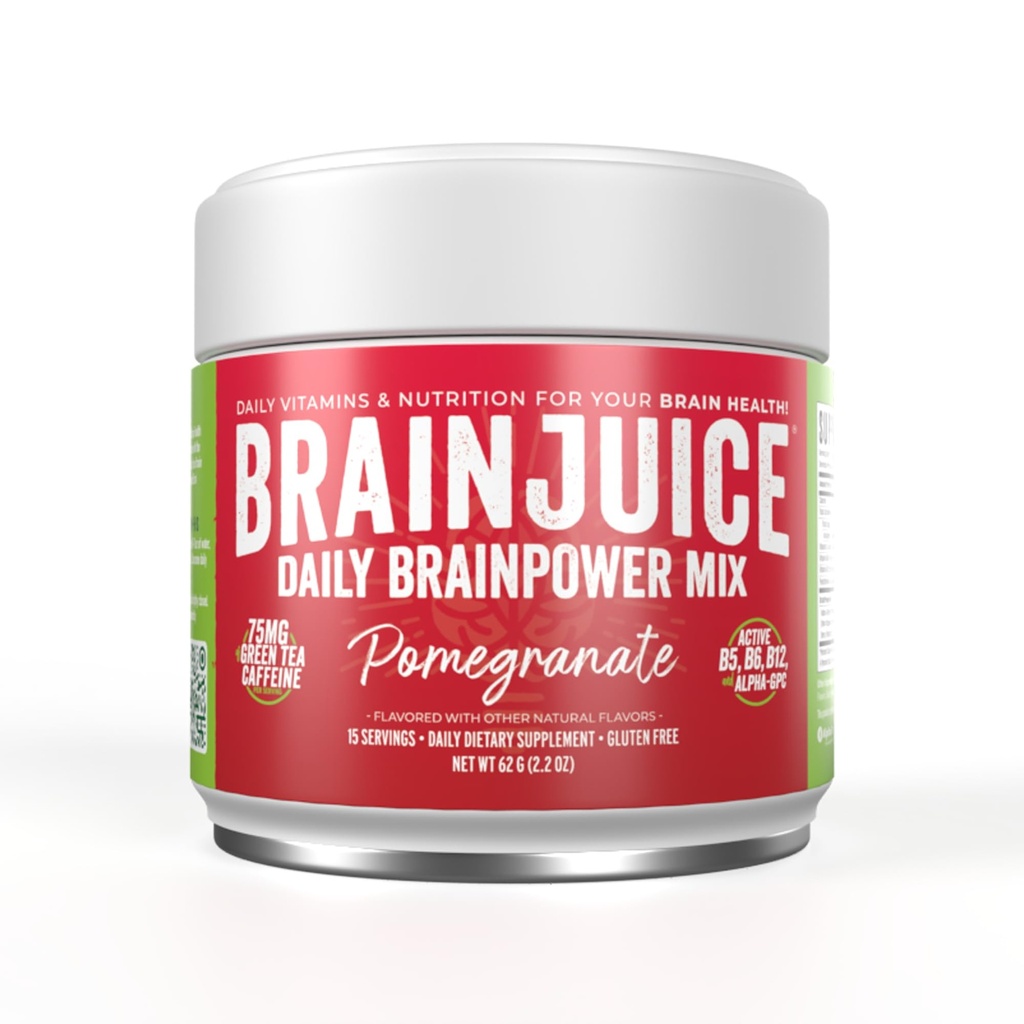 BrainJuice Nootropics Brain Support Supplement, Glutenfrit pulver for energi og fokus, Drikkeblanding med L Theanine, Alpha GPC, Vitamin B, Organisk Grønn Te Ekstrakt Koffein, Pomegranat, 15 Serveringer
