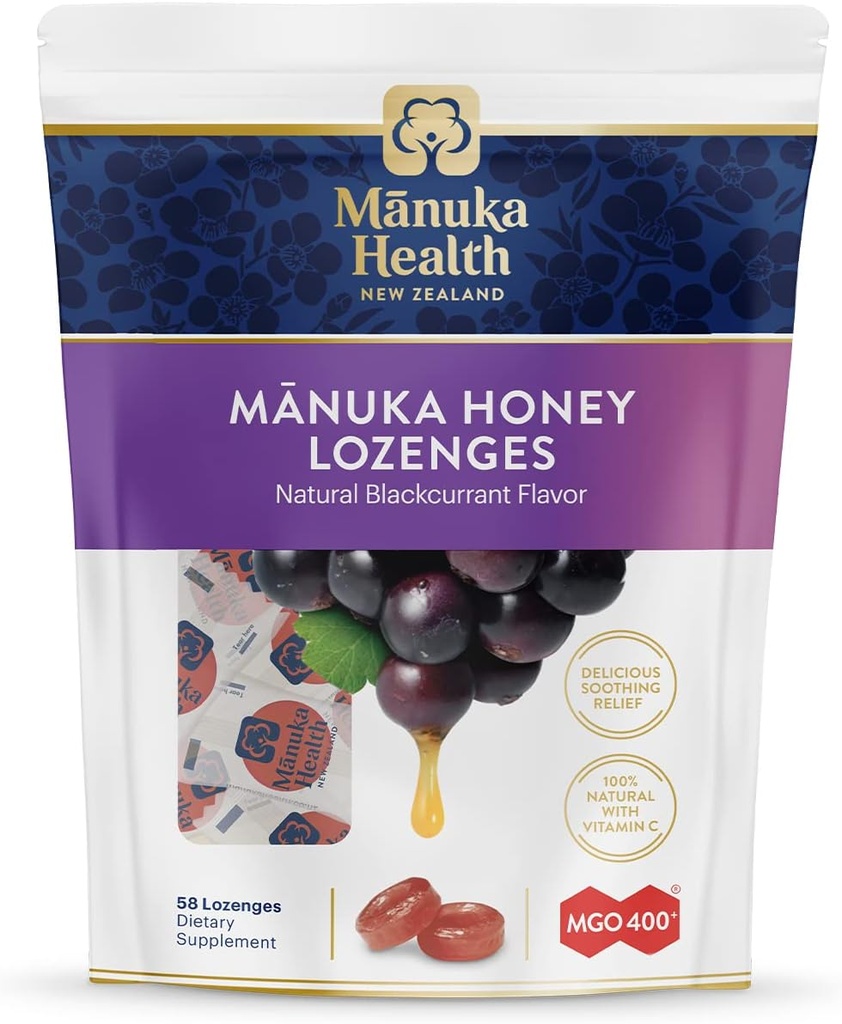 Manuka Health Manuka Honning Throat Lozenges - Blackcurrant Flavored Lozenges, 58-Count - Cough Drops Infunded med Raw Manuka Honning & Vitamin C for immunstøtte