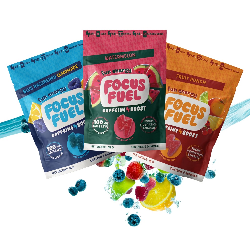 FocusFuel Energi Chews – Prøvestørrelse Varierte prøvepakker (9 serveringer) – 100mg Koffein + Alpha GPC + L-Theanine + B12, Magnesium – Blå Razzberry Lemonade, Vannmelon, Frukt Punch – Ingen Crash eller Jitters