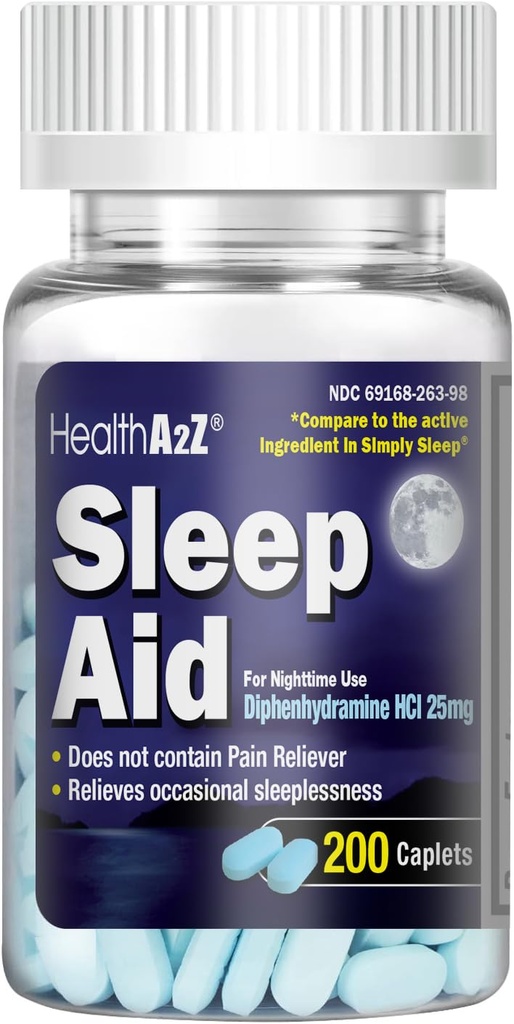 HealthA2Z Sleep Aid 200 kapler ® Diphenhydramine HCl 25mg | Vanlig styrke sovepiller | Sikker og ikke-habit-forming