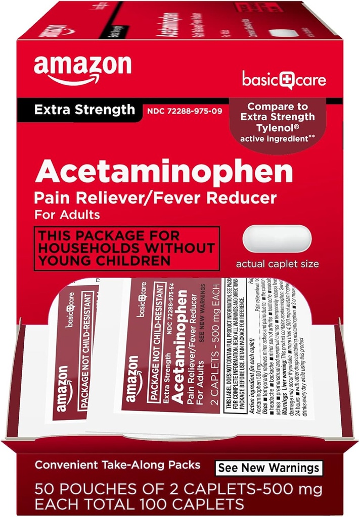 Basic Care - Ekstra styrke Acetaminophen Caplet 500 mg, 100 greve ( 50 poser av 2 kapler )