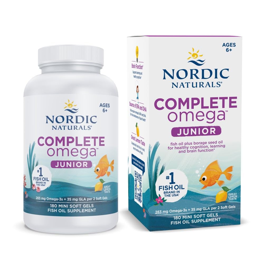 Nordic Naturals Complete Omega Jr., sitron - 180 Mini Soft Gels - 283 mg Total Omega-3s & 35 mg GLA - Sunn Kognisjon, nervesystemfunksjon - Non-GMO - 90 Services