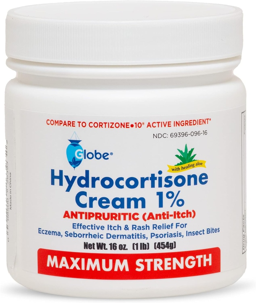 Globe Hydrokortison Maksimal styrke krem 1% w/Aloe, 16 oz, Anti-Itch krem for rødhet, hevelse, kløende, utslett, Bug/Mosquito Bites, Eczema, hemorroider og mer, 16 oz Jar