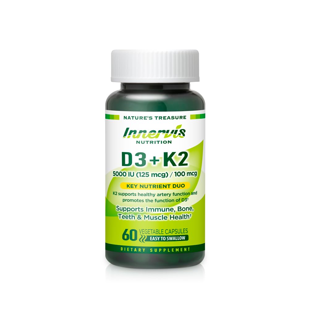 Vitamin D3 5000 IU + K2 MK-7 100mcg – Bein, hjerte og immun støtte, lett å svelge, 60 kapsler