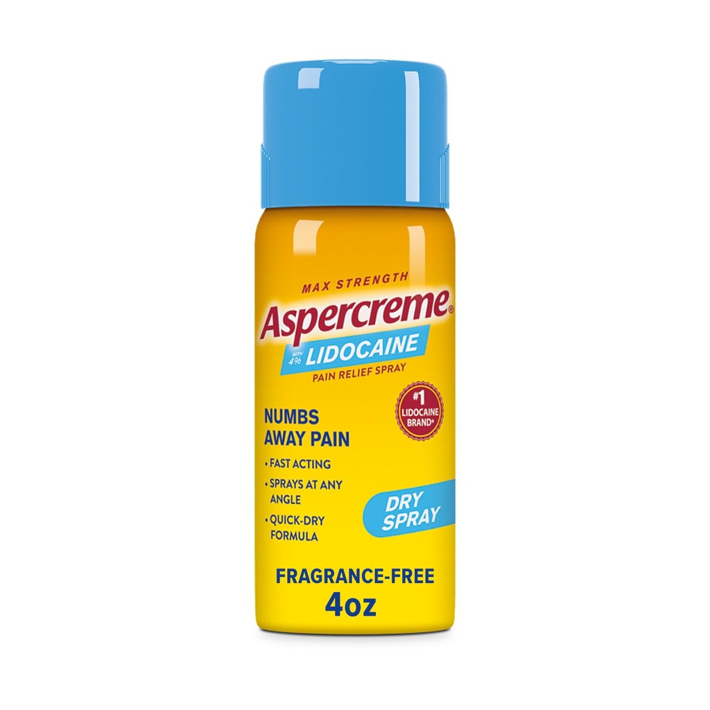 Aspercreme Lidocain Tørrsprøyte Sotter Agraved Nerver, Numbing Topical Smirt Relief Spray med Max-styrke 4% Lidocaine Sprøyter på enhver vinkel, 4 Oz.